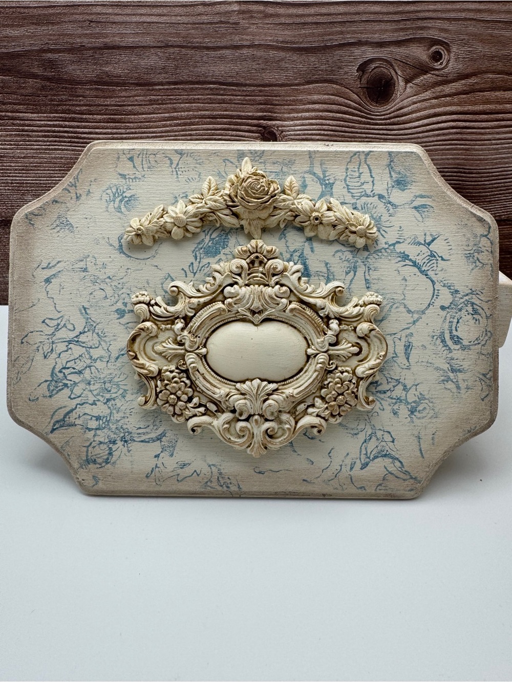 Vintage-Style Cream and Blue Ornate Wall Plaque - Home Wall Decor